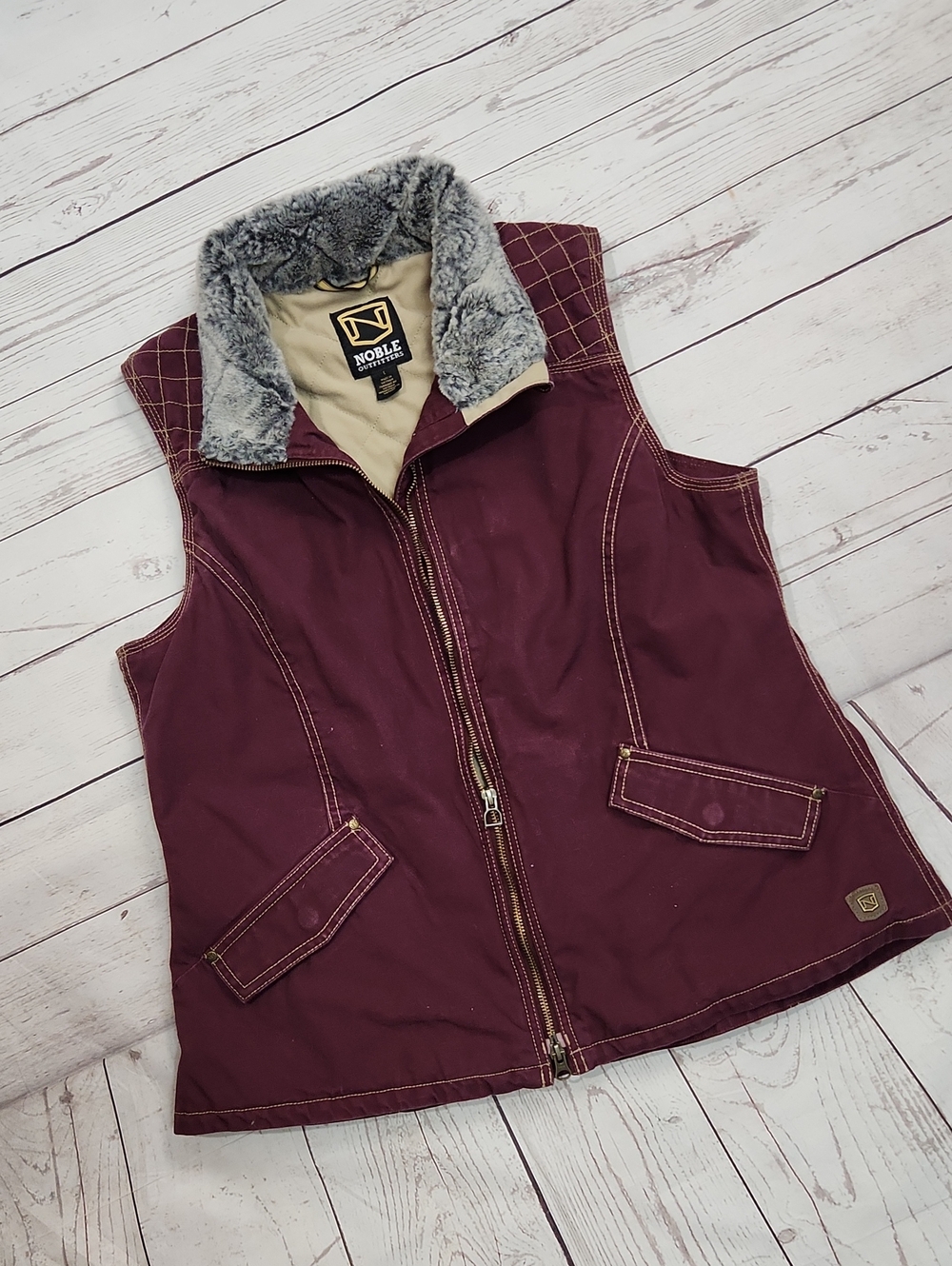 Women's Wine Quilted Vest with Faux Fur Collar